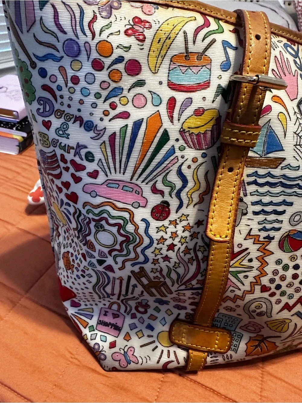 Dooney & Bourke White Multicolor Doodle Tote with Tan Leather Trim